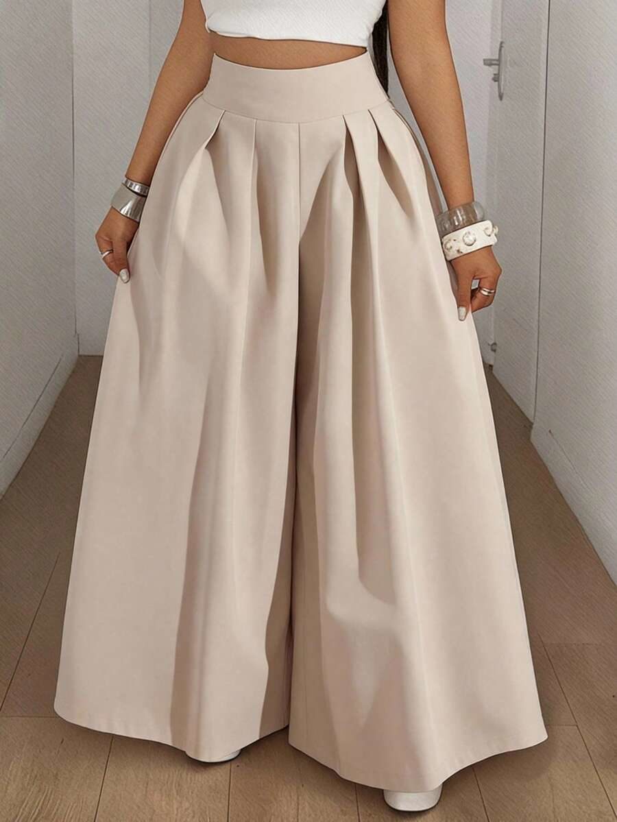 Plus-Size Bright Khaki Pleated Casual Wide-Leg Extra-Long Pants