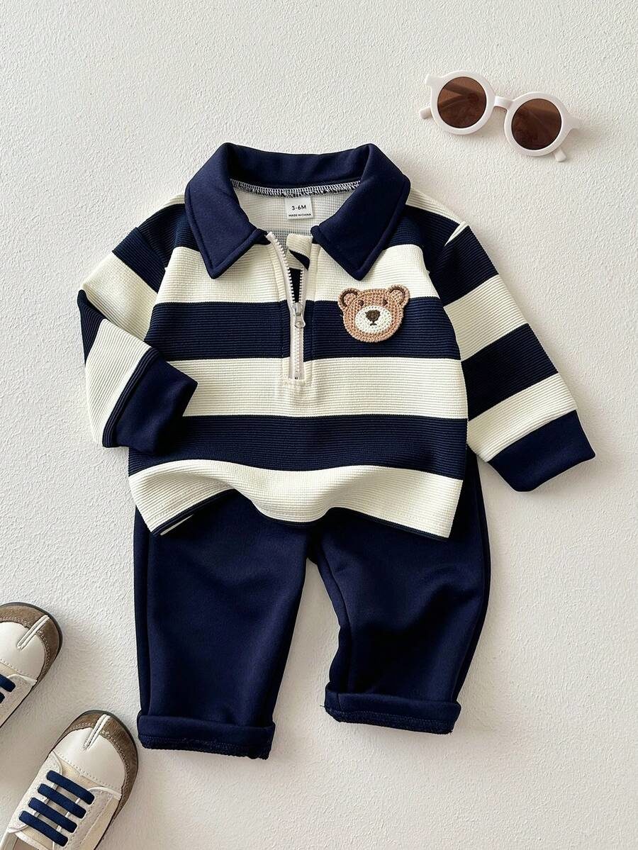 2pcs Baby Boy Sweatshirt + Pants Cute Preppy Navy White Striped Bear Patch Zipper Long Sleeve Turndown Collar Regular Outdoor Fall Jogging Cozy Active