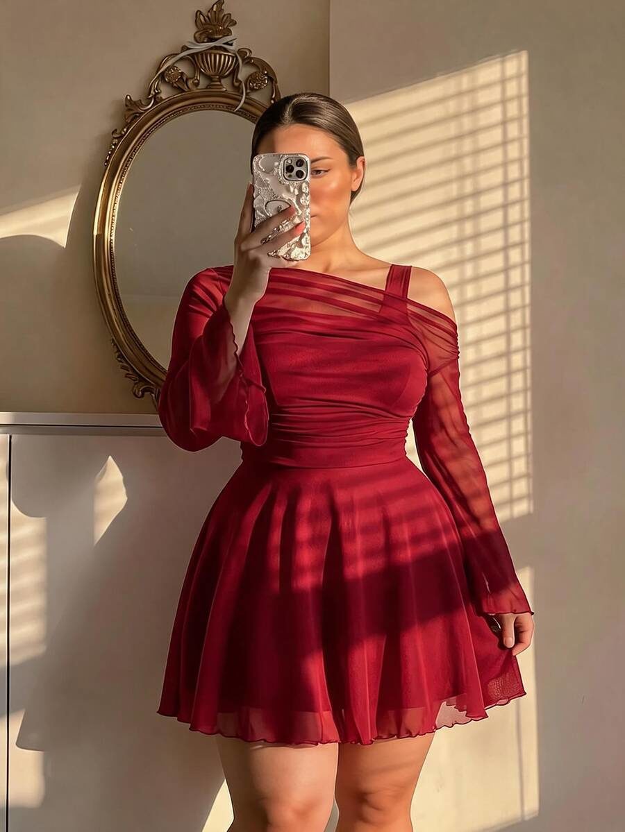 Plus Size Women's Color Asymmetric Collar Flare Sleeve Mesh Patchwork Mini Dress
