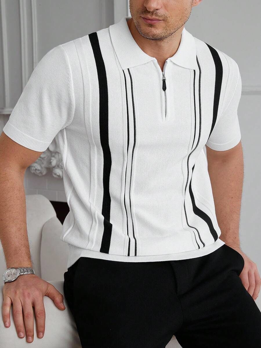 Men's Half-Zip Collared Vertical Striped Knit Polo Shirt