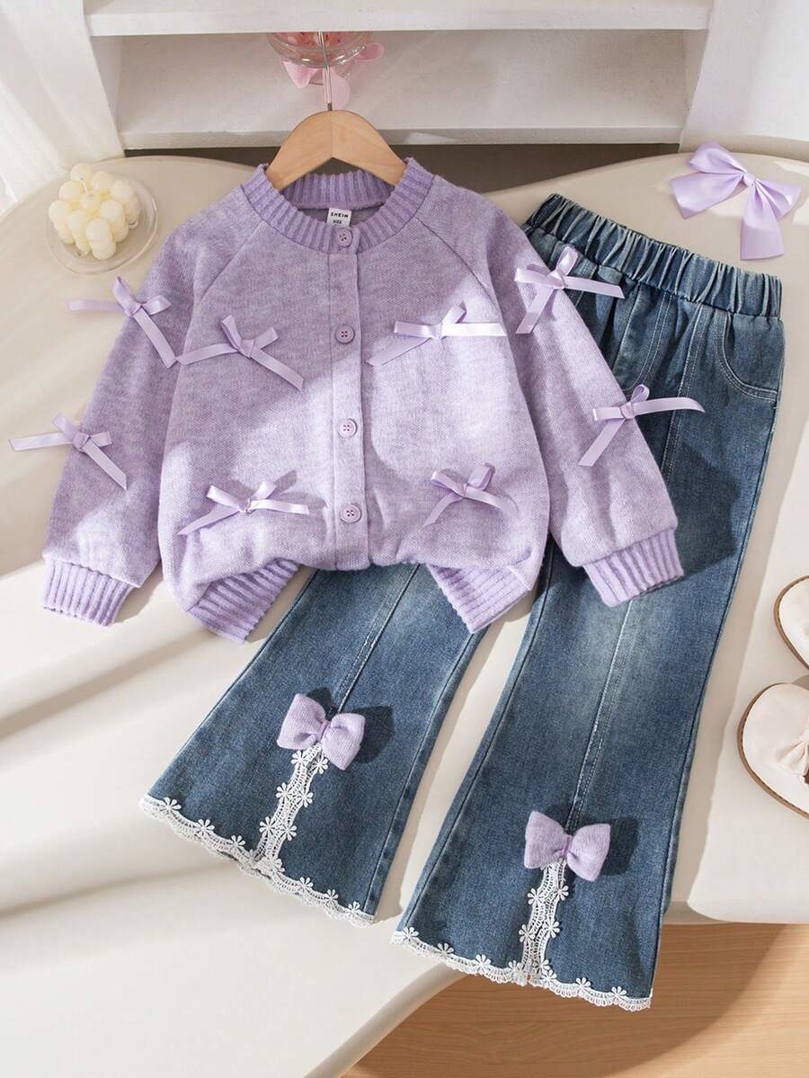 Girls Korean Style Minimalist Floral Embroidered Purple Long Sleeve Cardigan Jacket