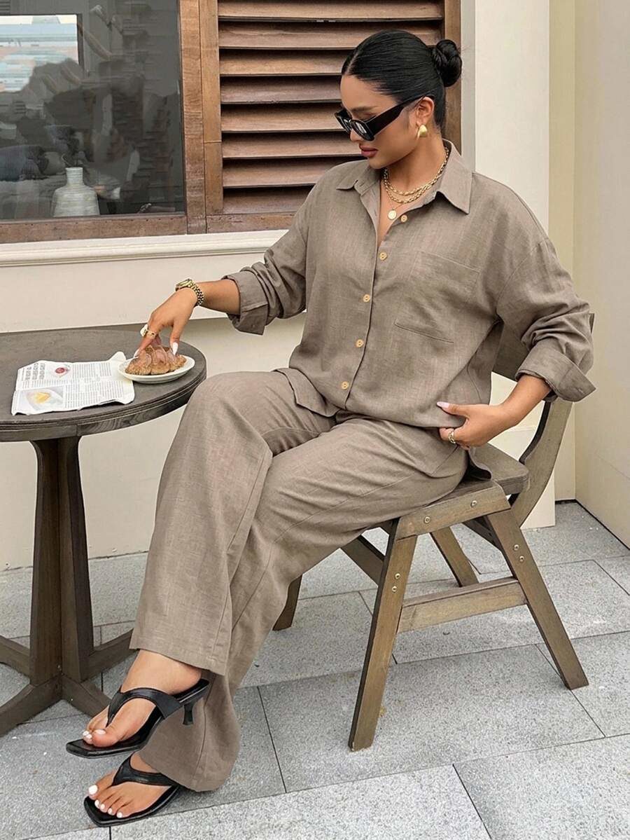 Plus Fashion Striped Loose Long Sleeve Shirt Long Casual Pants 2 Pieces Set