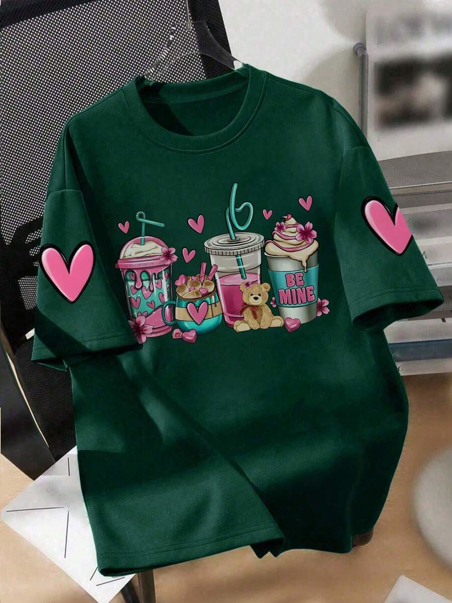 Girl Dessert And Heart Print Crew Neck T-Shirt Girls Casual T-Shirt Soft Top