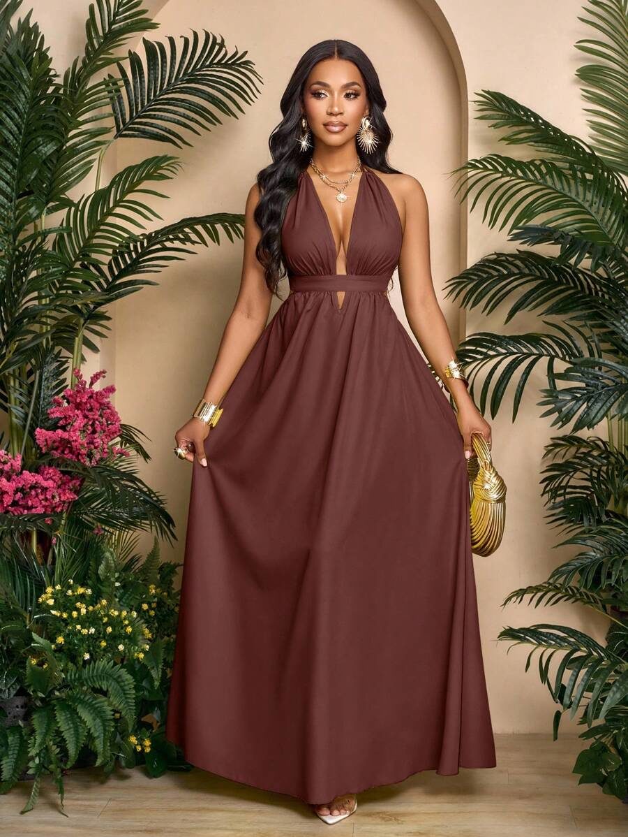 Women Solid Color Halter V-Neck Criss Cross Tie Backless Maxi Dress Outfits