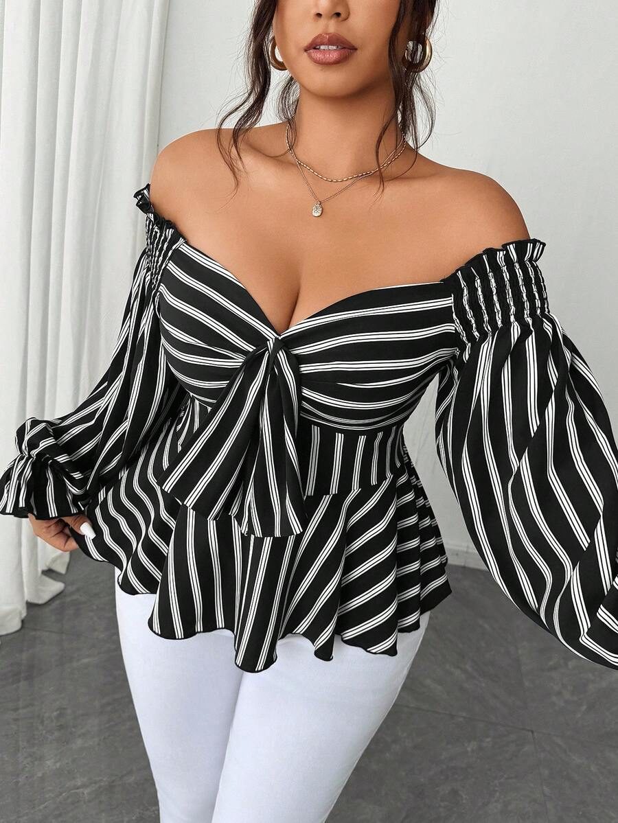 Plus Size Off-Shoulder Long Sleeve Casual Vacation Blouse Fall