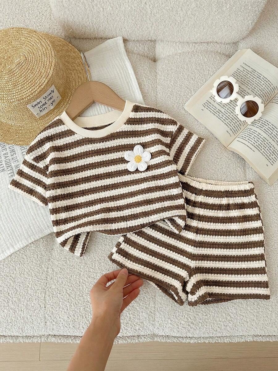 Kids 2pcs Baby Girl Knitted Striped Round Neck T-Shirt And Shorts Set