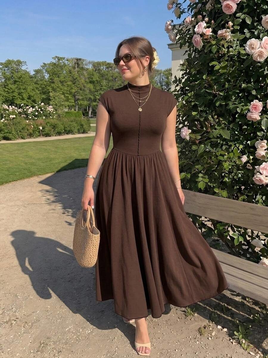 Plus Size Women's Chocolate Brown High Neck Long Knit Dress