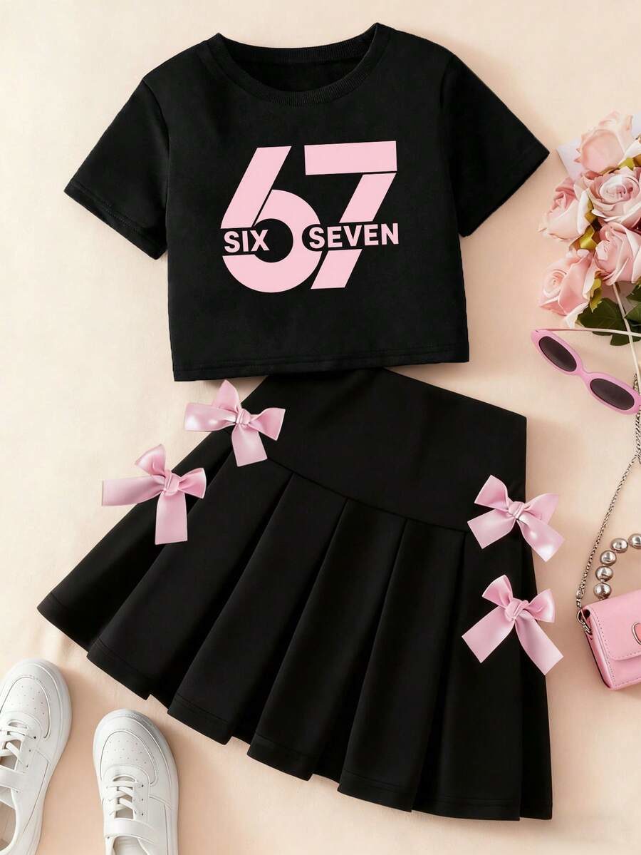 Tween Girl Cartoon Print Round Neck Short Sleeve T-Shirt And Skirt Set