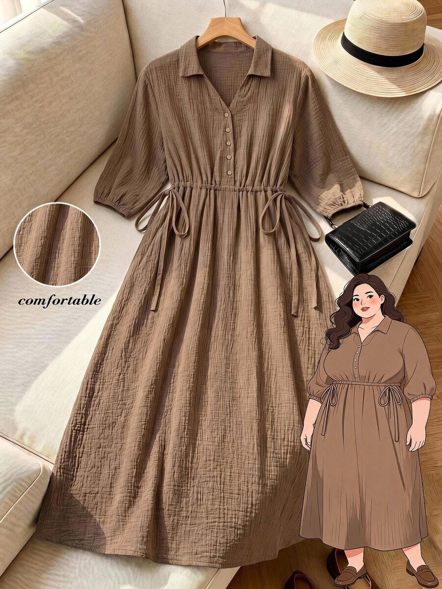 Plus Size Textured Button Front Casual Traditional Dress Formal Chocolate Brown