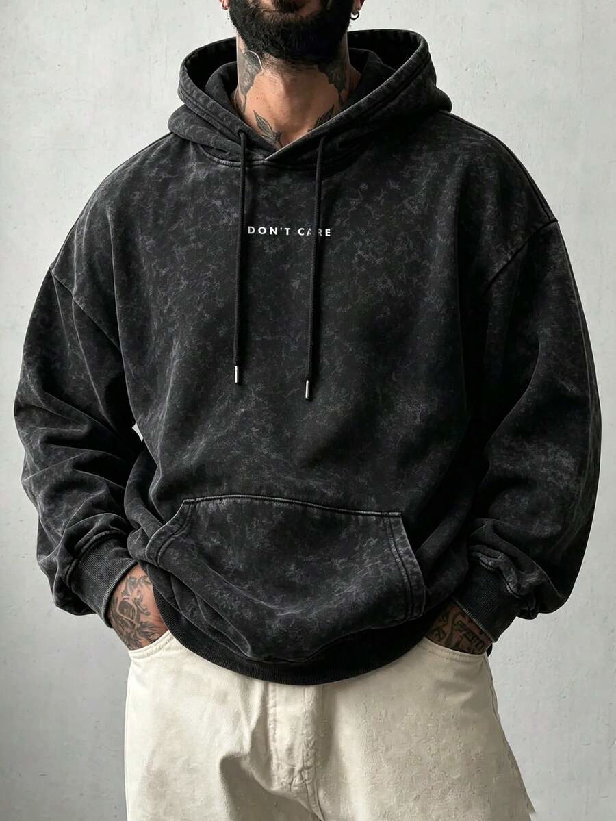 Distressed Men's Hoodie DON'TCARE Text Print Loose Drawstring Hooded Sweatshirt
