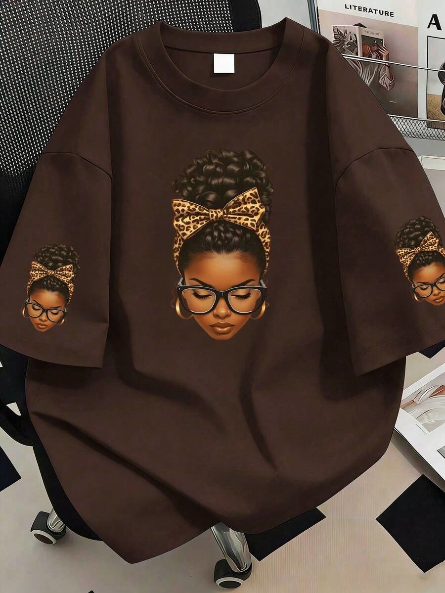 Girls Portrait Graphic Print Women's Solid Color T-Shirt