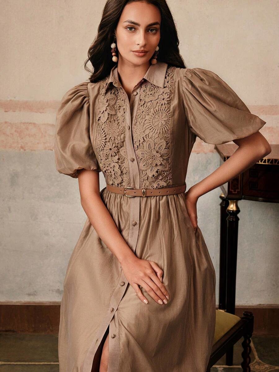 Brown Elegant Floral Patchwork Ruffle Hem Waist Slimming Mid-Length & Date Dress