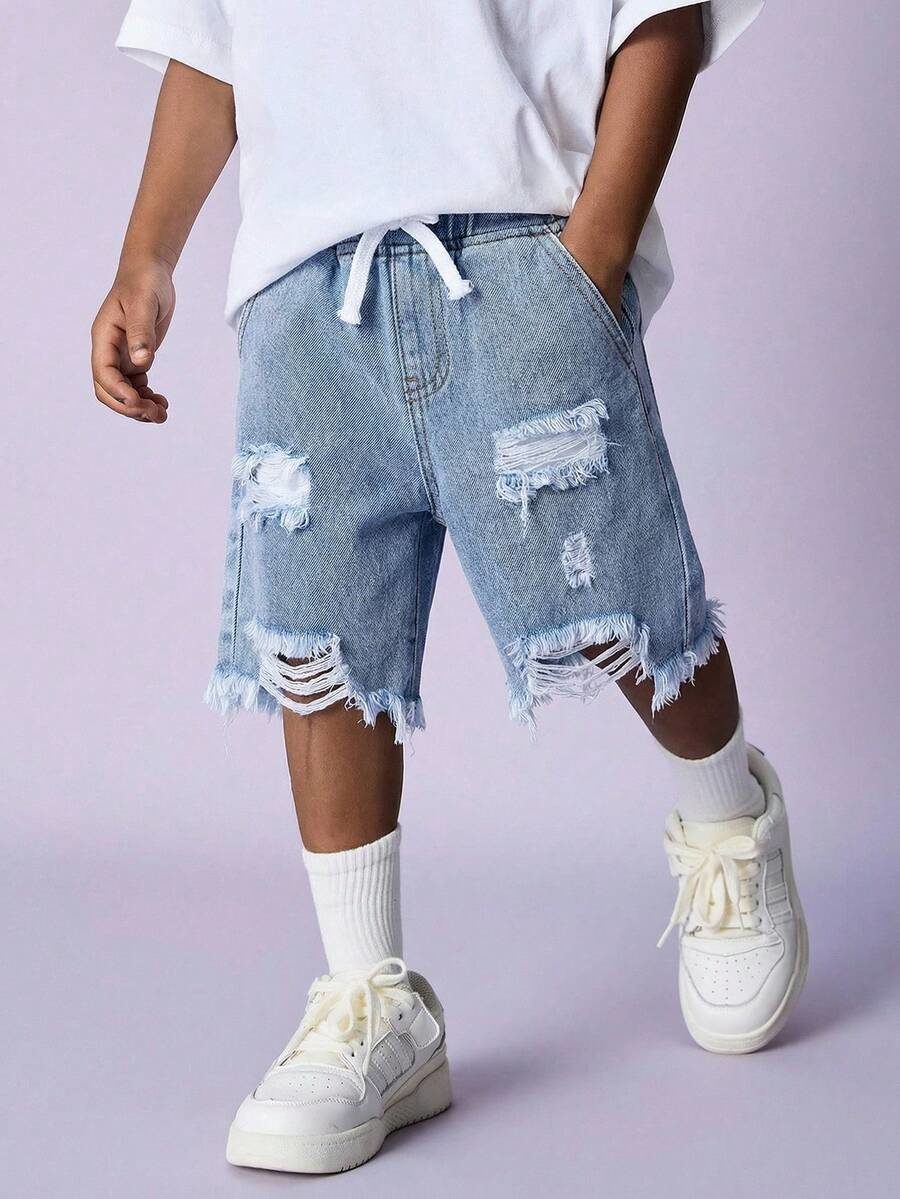 Boy Distressed Casual Basic Ripped Frayed Loose Fit Blue Denim Jeans Shorts
