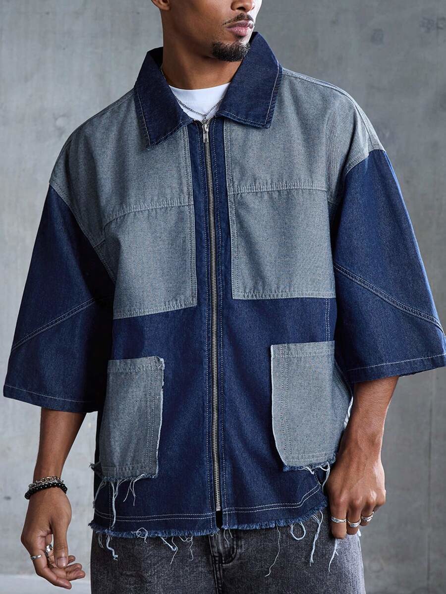 Men's Contrast Color Frayed Edge Zipper Casual Denim Short Sleeve Shirt