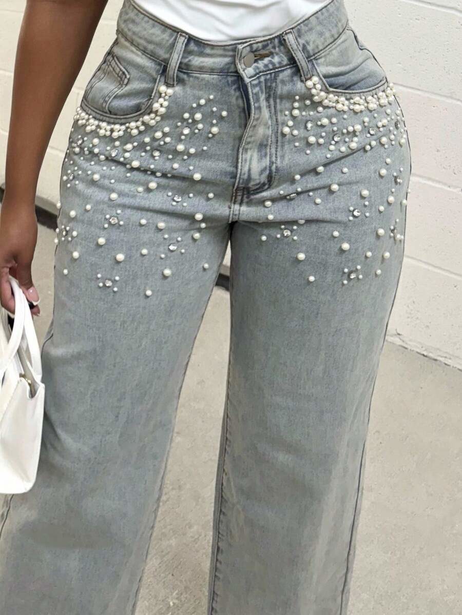Loose Fit Beaded Decorated Wide-Leg Jeans Pants For Women