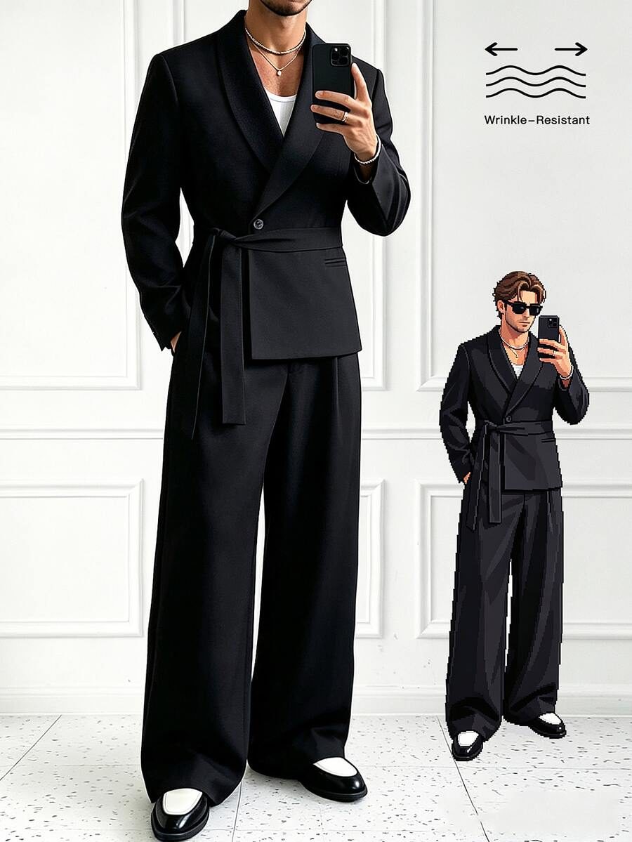 Men's Lace-Up Waist-Cinching Blazer And Wide-Leg Suit Pants Set