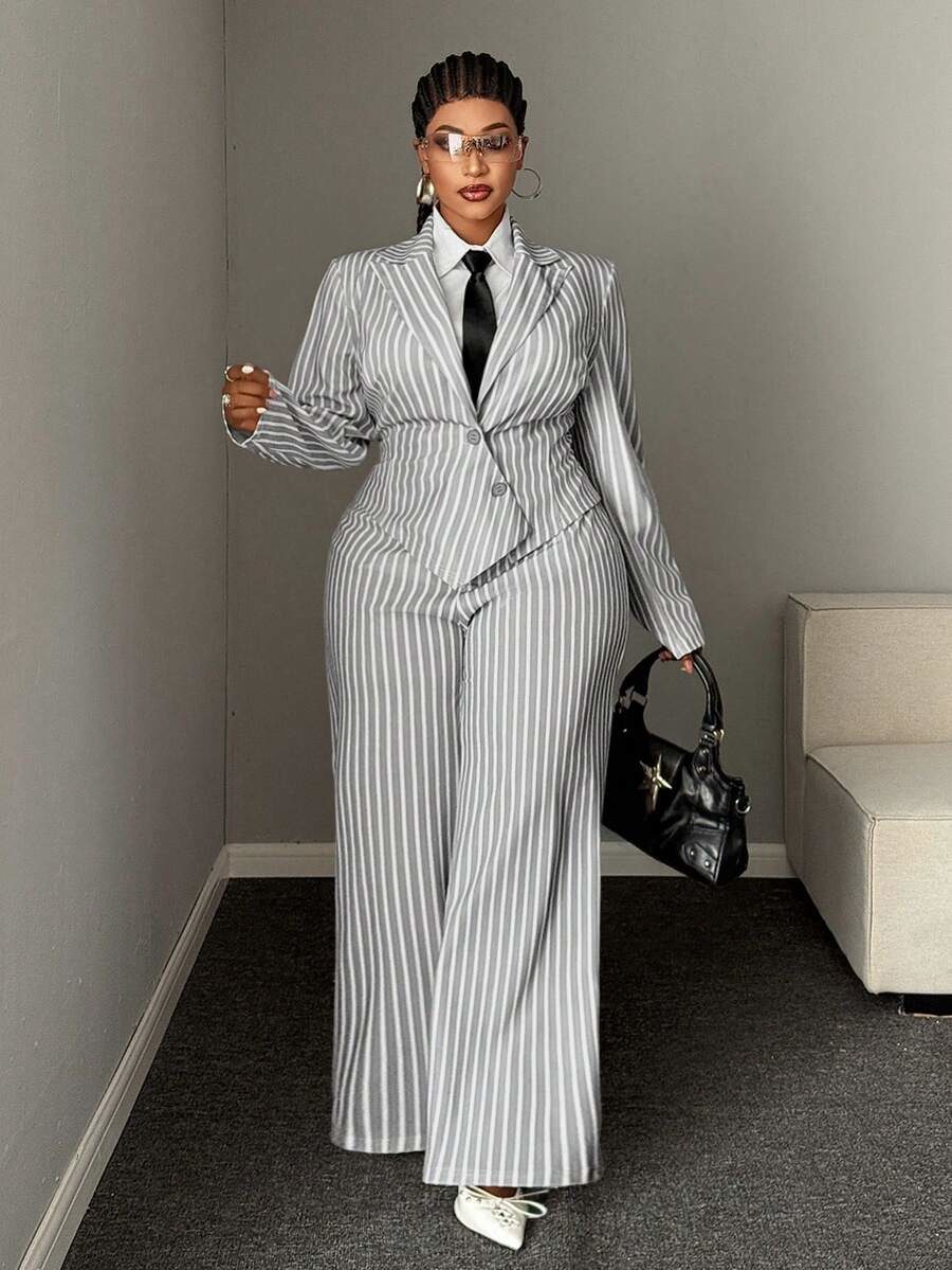 Plus Size Waist-Cinching Long Sleeve Blazer High Waist Wide Leg Pants Suit Set