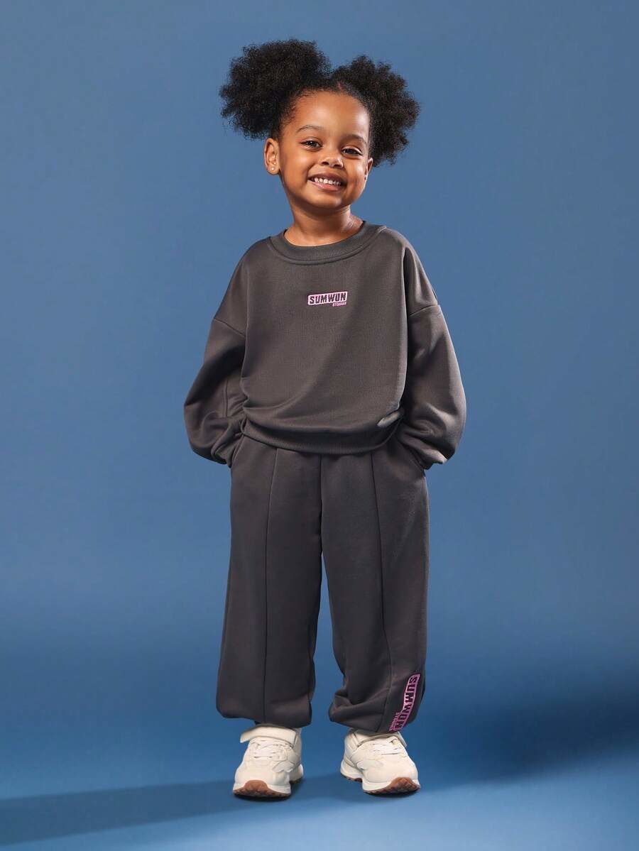 Girls Oversized Sweatshirt Co-Ord Set Fall Winter Casual Two Piece Wear With Logo Print Cozy Streetwear Matching Set