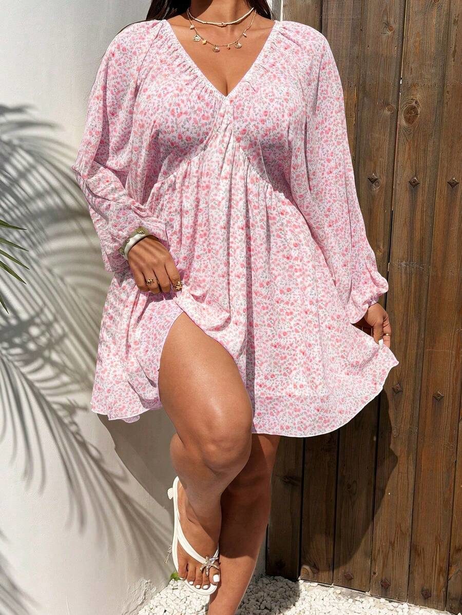 Vintage Boho Ditsy Floral V-Neck Backless Tie Strap Long Sleeve Dress