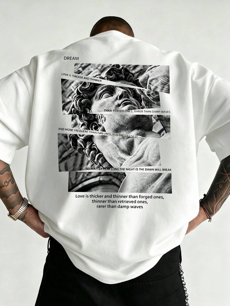 Men's Vintage David Statue Patchwork Back Print Short Sleeve T-Shirt, Loose Fit Artistic Streetwear Casual Top