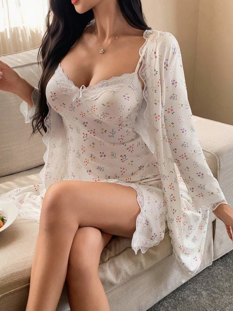Women Ditsy Floral Lace Patchwork Cami Sleep Dress & Robe Sleepwear Pajama Set