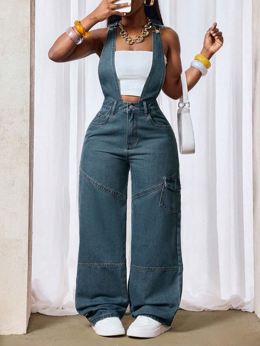 Plus Size Women Sleeveless Buttoned Denim Jumpsuit With Pockets