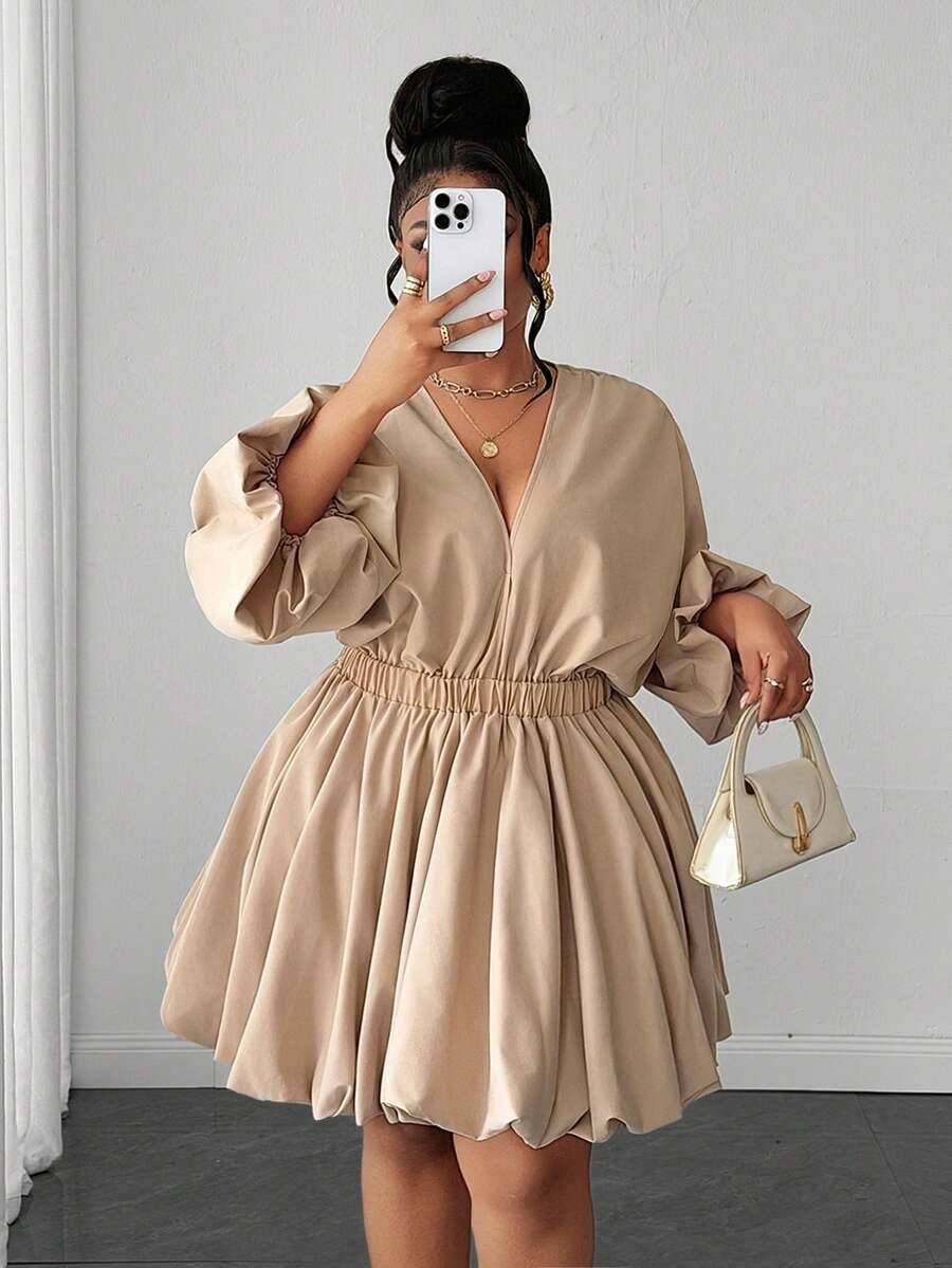 Plus Size Casual V-Neck Cinched Waist Versatile Petal Sleeve Women's Short Dress