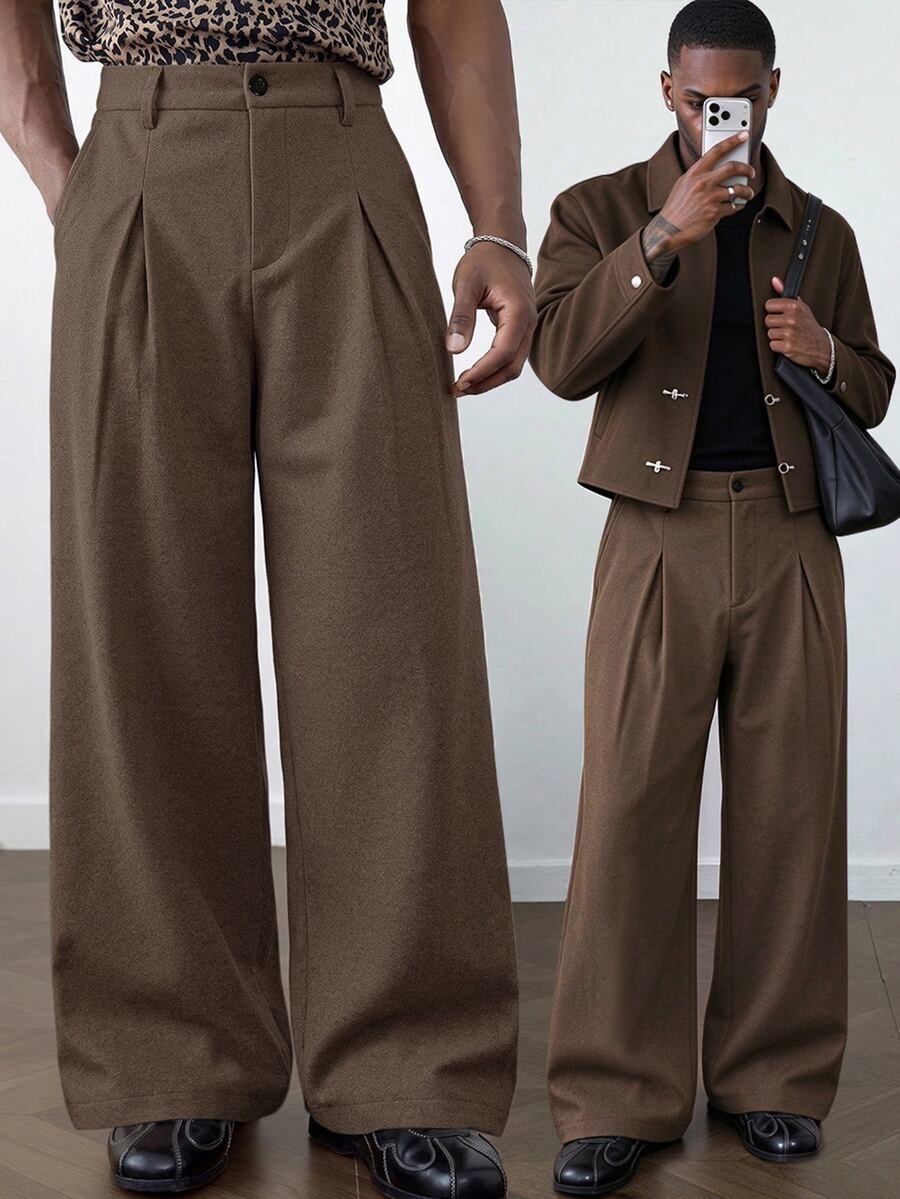 Men's Brown Mixed Color Double Pleated Wide Leg Dress Pants
