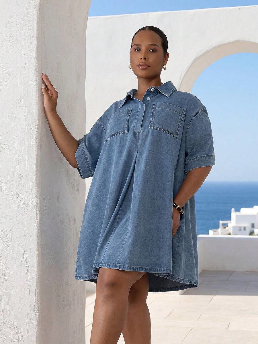 Plus Size Blue Wash Dropped Shoulder Denim Swing Dress With Pockets