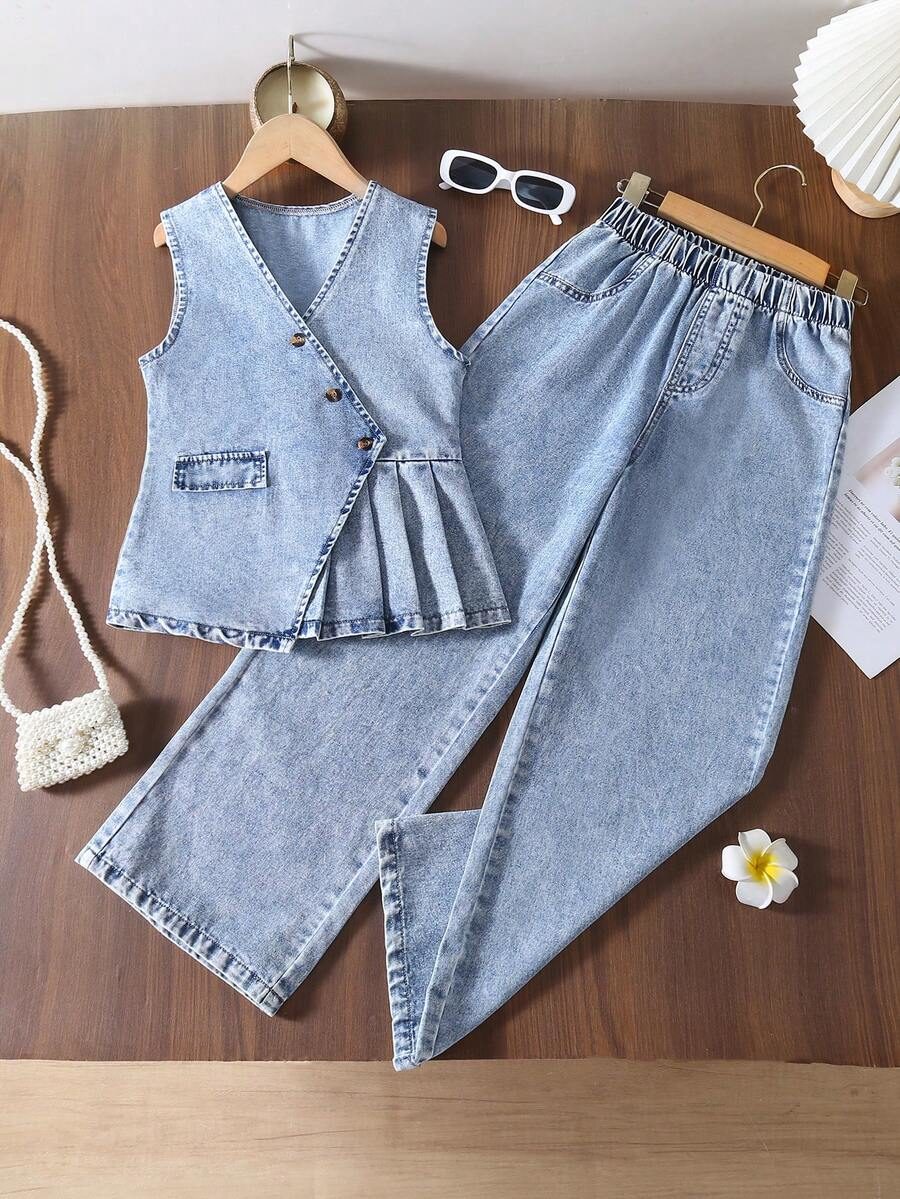 Chic Asymmetric Hem Sleeveless Top And Vintage Loose Straight Leg Pants Set