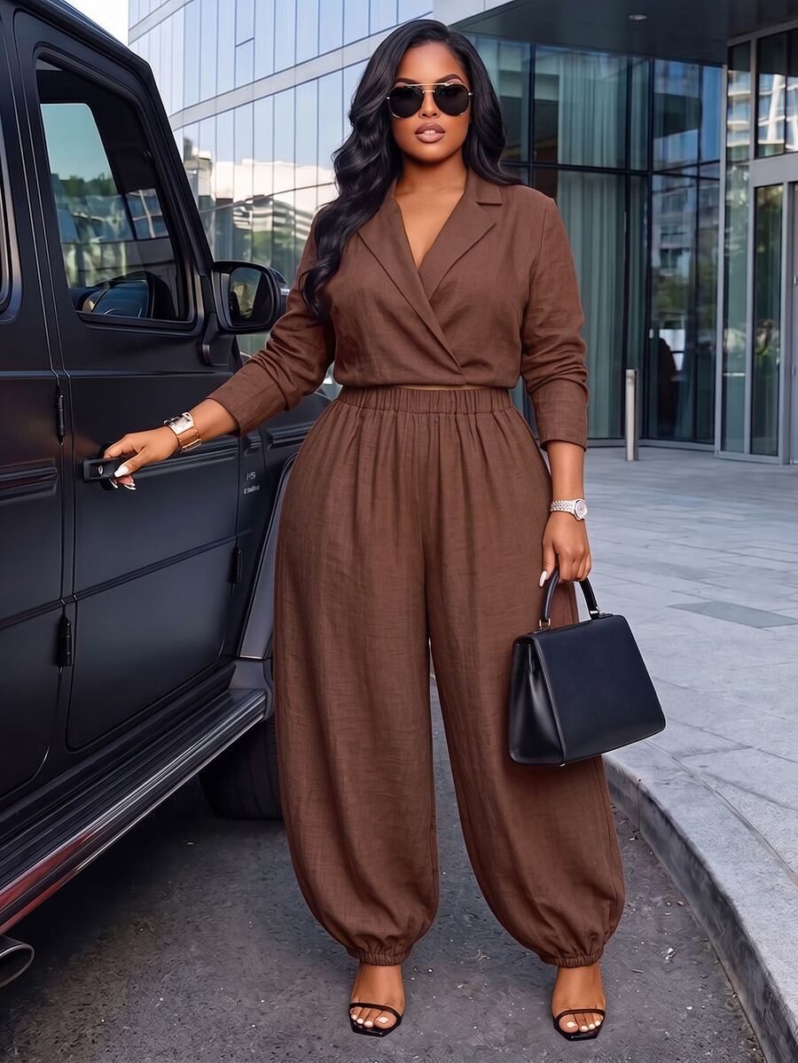 Plus Size Wrap Long Sleeve Top & Elastic Waist Cuffed Pants Casual 2 Pieces Set