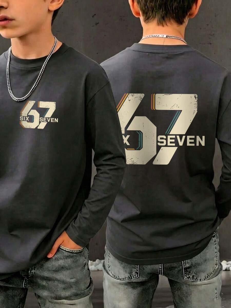 Tween Boy Casual Fun Graphic Print Crew Neck Pullover Long Sleeve T-Shirt / Top