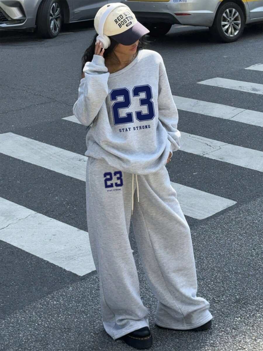 Plus Size Loose Thermal Lined Digital Print Sweatshirt & Sweatpants 2-Piece Set
