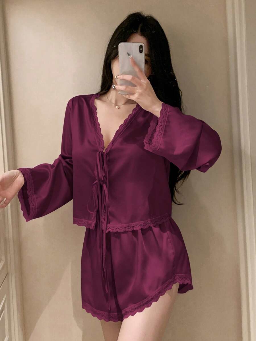 Romantic Lace Patchwork Satin Bowknot Top And Shorts Pajama Set For Women
