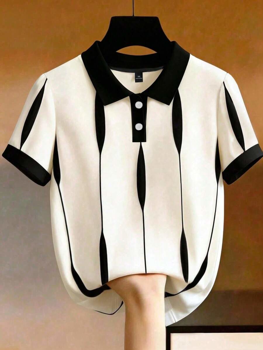 Plus Size Women's Casual Patchwork Striped Trim Polo Collar Short Sleeve T-Shirt