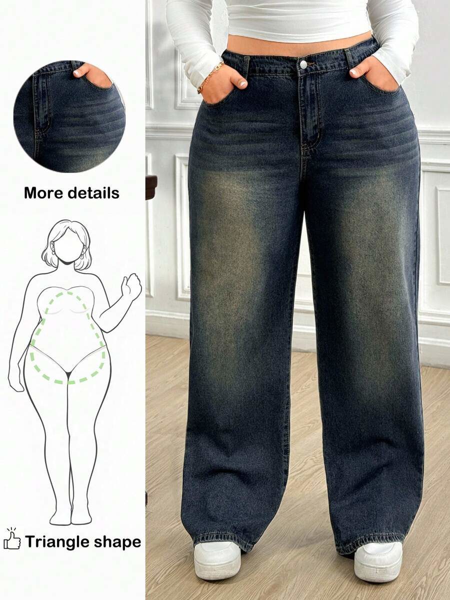 Plus Size Y2k Jeans Loose Fit Street Style Blue Denim Wide-Leg Pants