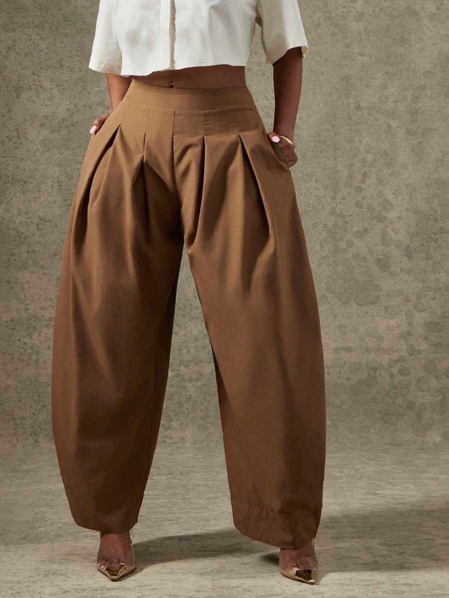 High Waist Pleated Detail Barrel Leg Office Pants