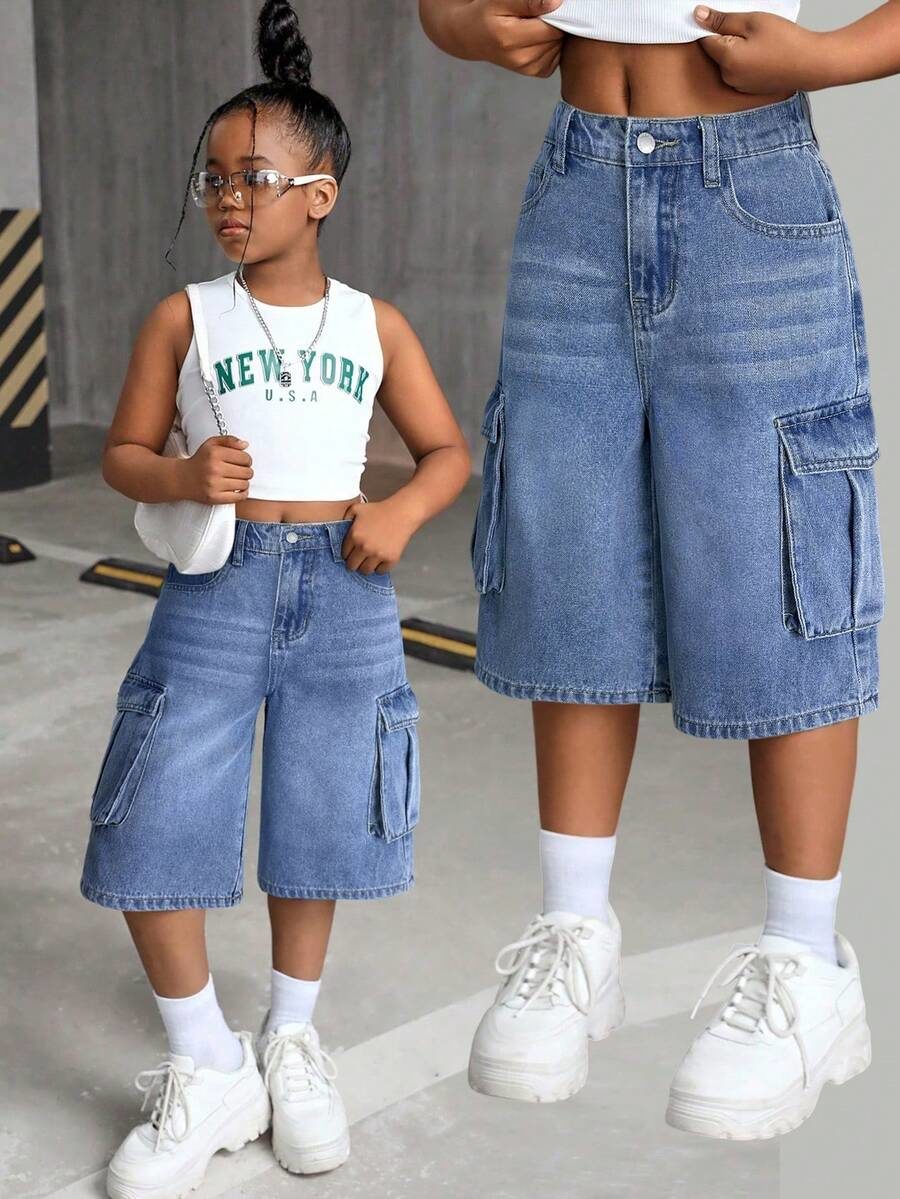 Vintage Blue Loose Denim Shorts For Tween Girls