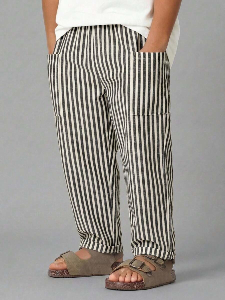 Kids Tween Boy Black & White Pinstripe Elastic Waist Side Pocket Casual Pants