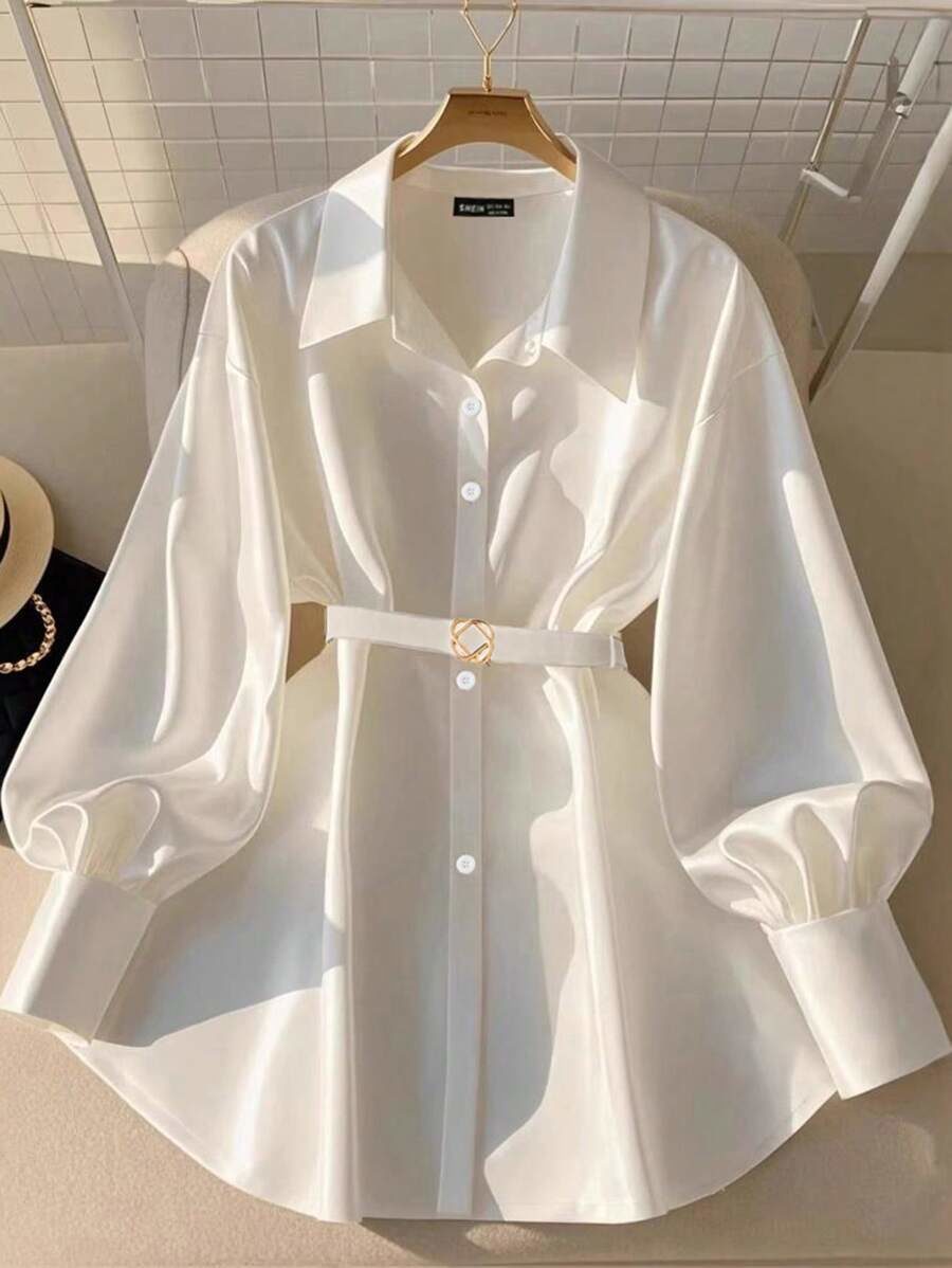 Women's Satin Metal Buckled Waist Belt Shirt