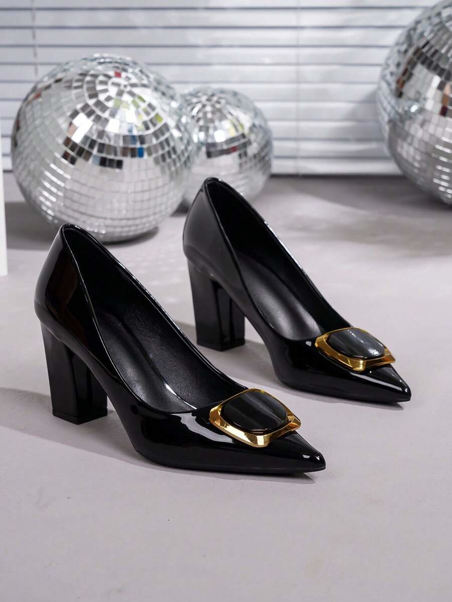 Pointed Toe Green Buckle Solid Color Fresh Comfortable Chunky Heel High Heels