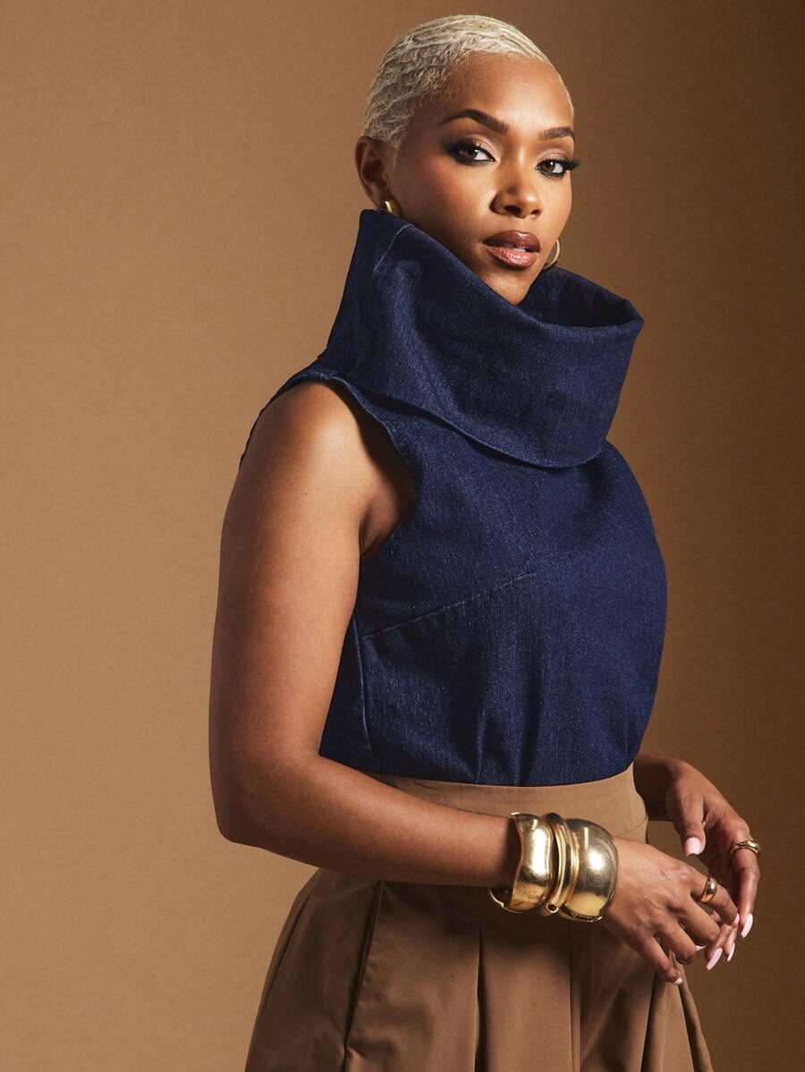 Funnel Neck Relaxed Fit Denim Top