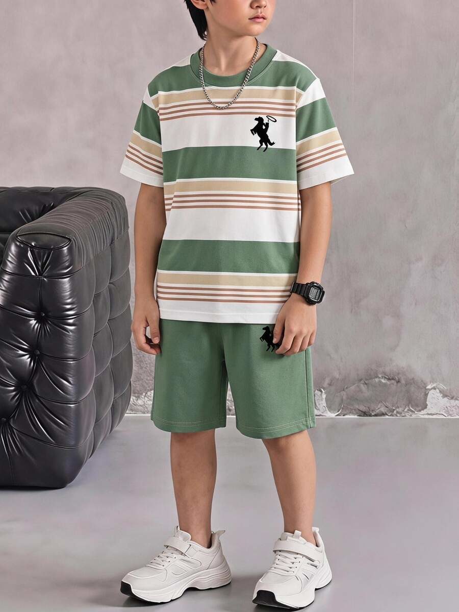 Sleeve Outfit Children's Casual Preppy 2 Pieces Set Horse Logo T-Shirt Shorts