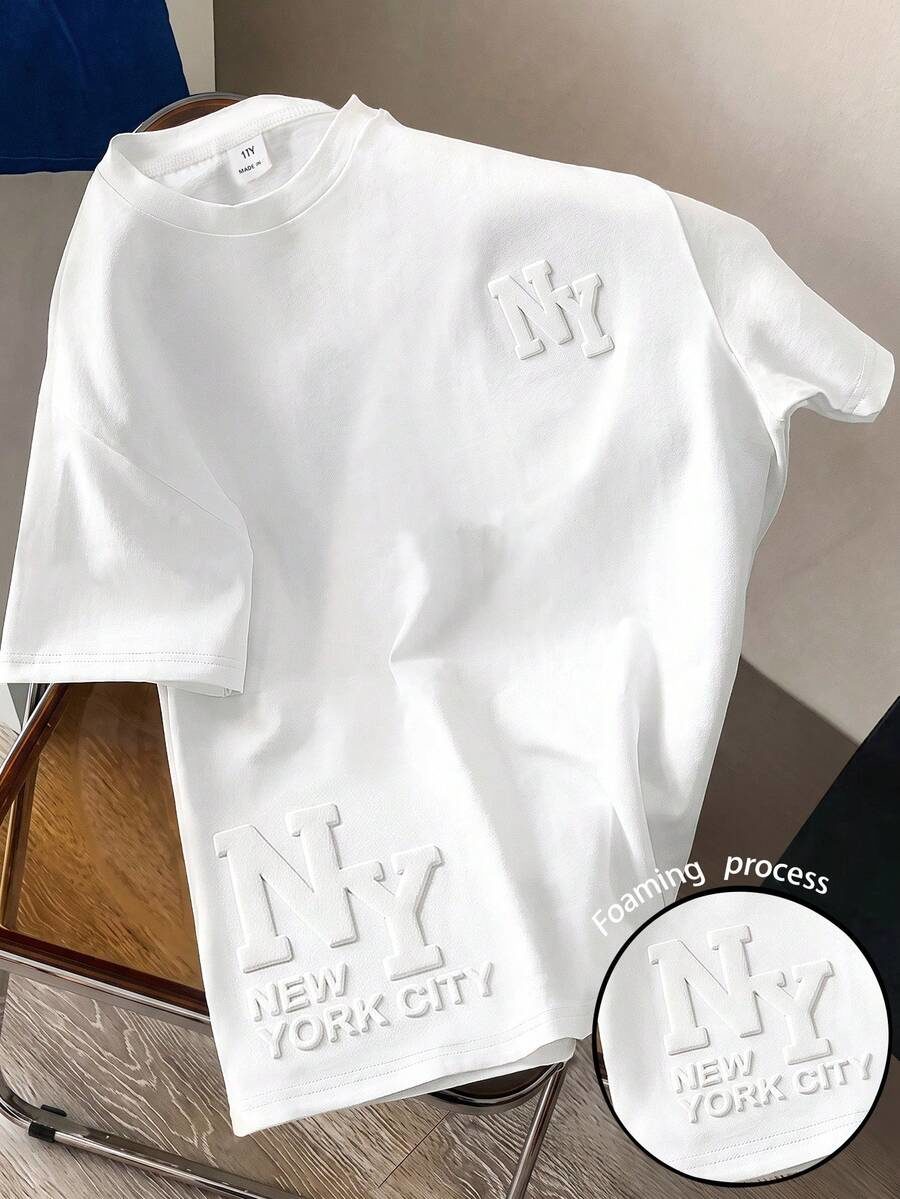 Casual Minimalist Design Embossed Letter Solid Color Crew Neck Pullover T-Shirt