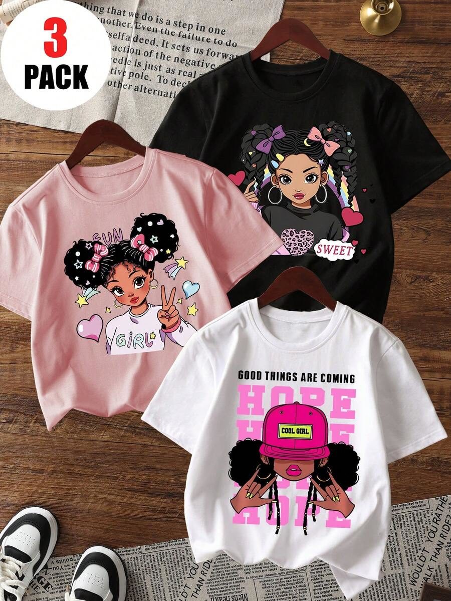 3pcs/Set Girls Casual Printed Round Neck Short Sleeve T-Shirt