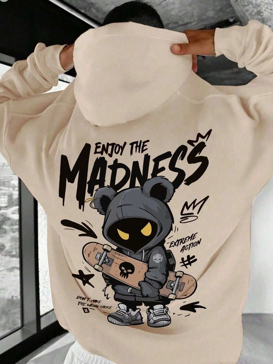 Casual Fashion Streetwear Extreme Sports Cartoon Print Kangaroo Pocket Drawstring Loose Fit Thermal Lined Hoodie