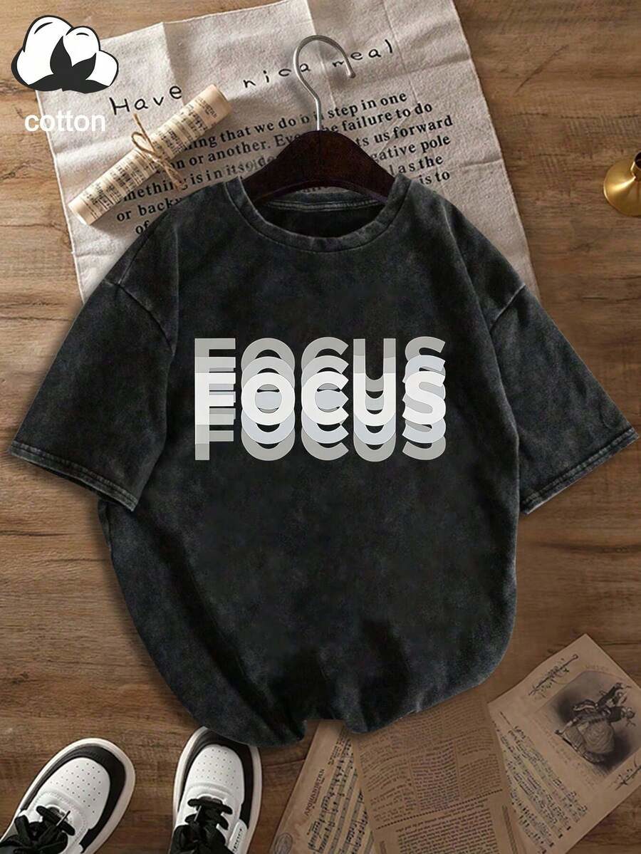 Women's Casual Focus Letter Print Washed Round Neck Short Sleeve T-Shirt
