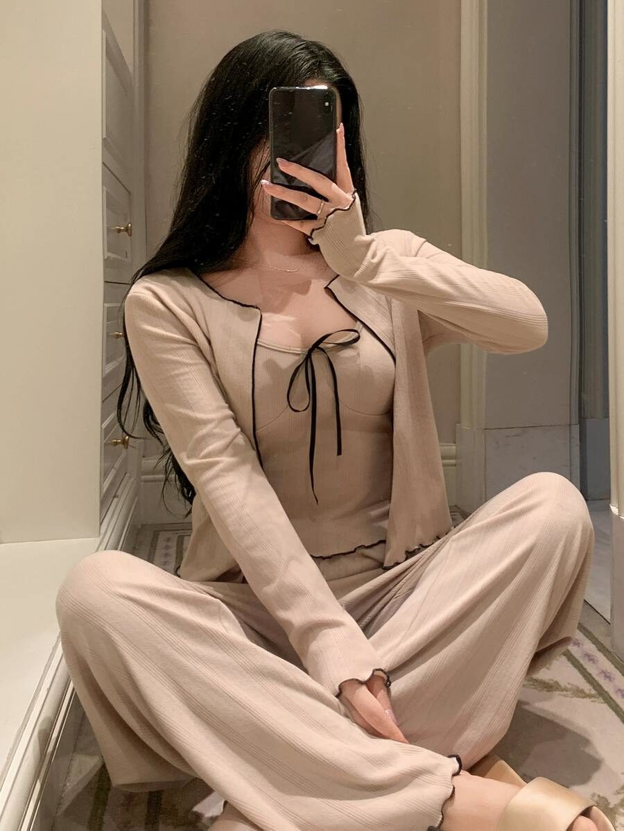 Women's Long Sleeve Top With Front Tie Strap Camisole And Long Pants Pajama Set