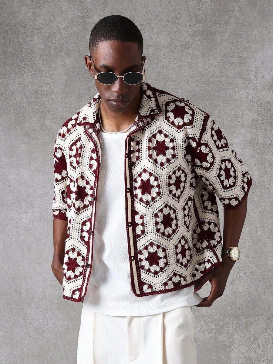 Luxury Handmade Crochet Button-Up Cardigan Sweater With Hexagonal Pattern