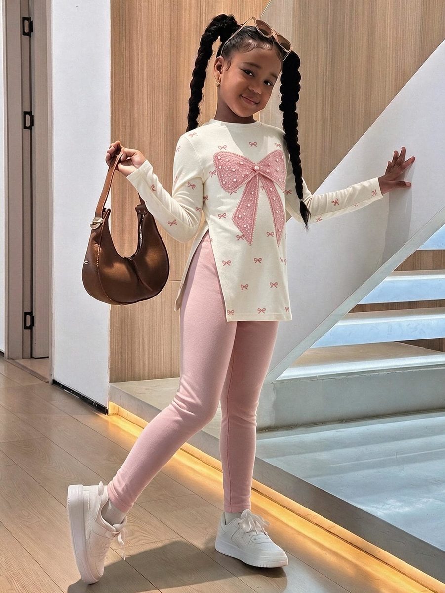 Girls Bow Print Long Sleeve Split Hem Top & Solid Leggings 2 Pieces Set